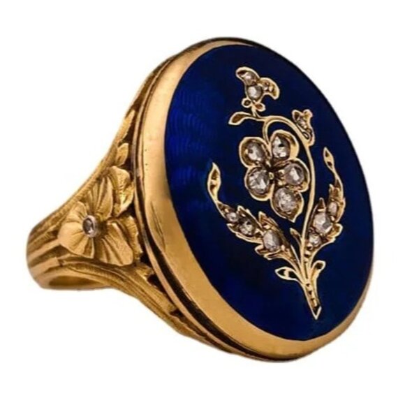 Womens Fashion Ring Blue Enamel Crystal Gold Plated French Vintage Style Size 10 - Picture 1 of 7
